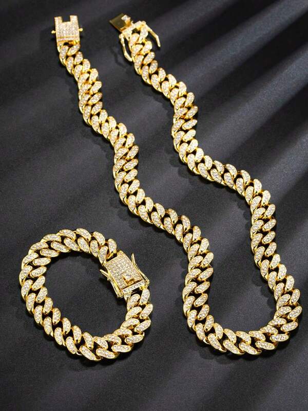 2pcs/Set Exquisite Cuban Link Chain Necklace Plus Bracelet,Unisex Hip Hop Jewelry For Rappers, Men's Jewelry Set,Perfect Gift For Son/ Father'S Day/Boyfriend