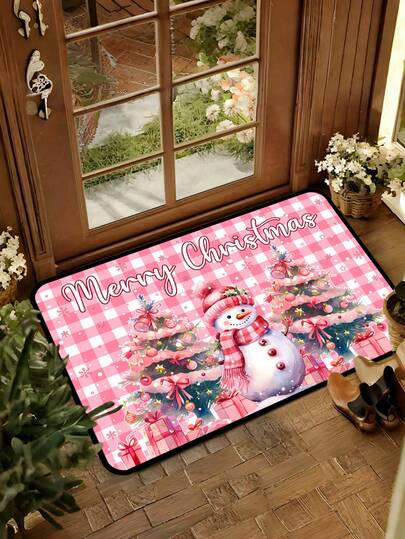 1/16Pcs 40*60cm Christmas Door Mat Decorative Floor Mat, Pink Plaid Snowman Christmas Tree Pattern, Merry Christmas, Suitable For Indoor Living Room, Kitchen, Hallway Entrance, Christmas Home Decor Fabric