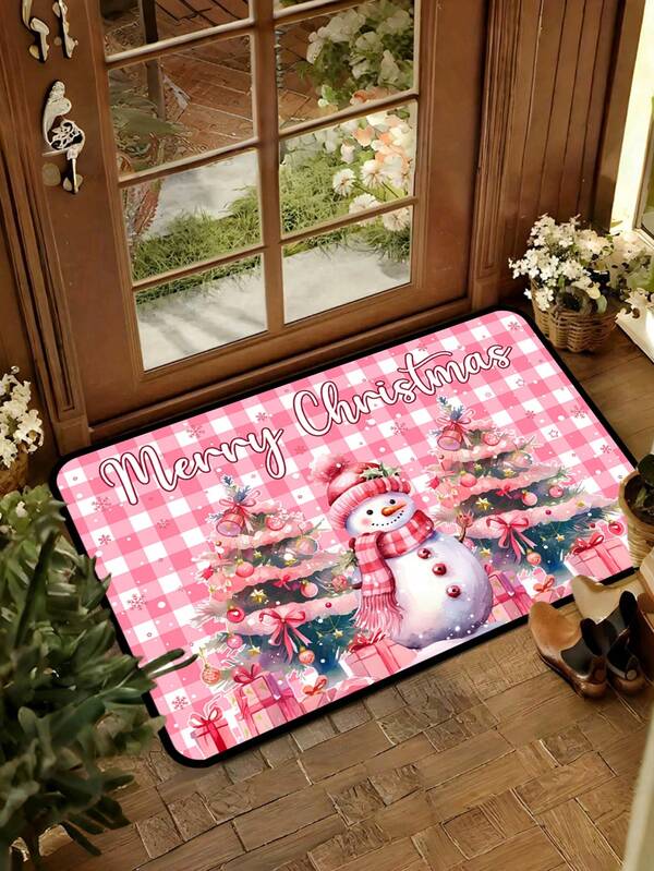 1/16 Buah Keset Pintu Natal 40*60cm, Keset Lantai Dekoratif, Motif Pohon Natal Manusia Salju Kotak-kotak Merah Muda, Selamat Natal, Cocok untuk Ruang Tamu, Dapur, Lorong, Dekorasi Rumah Natal