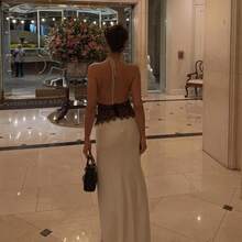 Głęboki dekolt w serek, koronkowa sukienka z odkrytymi plecami, seksowna, prześwitująca, letnia nowość