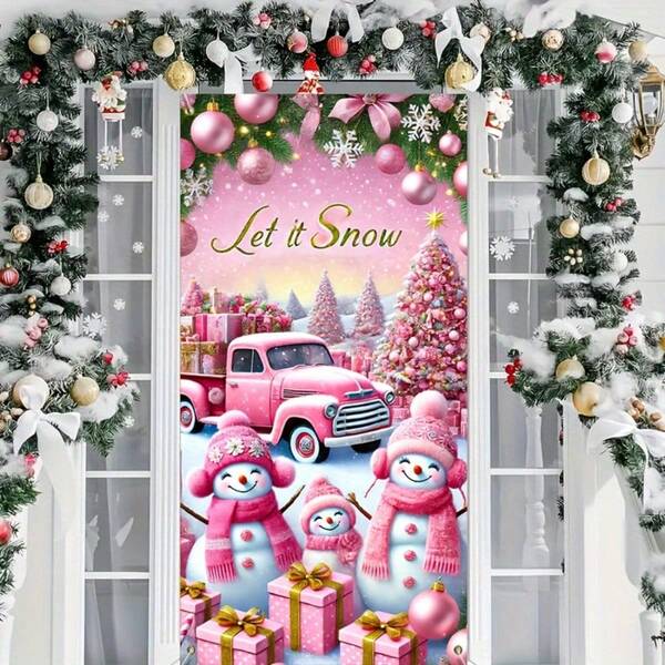 1 pieza Bandera de puerta de Navidad con muñeco de nieve rosa de poliéster - Decoración colgante estacional multiusos, 35.43 X 70.87 pulgadas, adecuada para celebraciones festivas, exhibición en el pórtico exterior, sin necesidad de electricidad