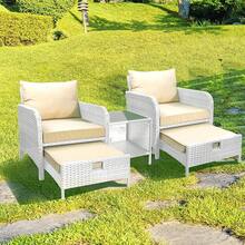 Balcony Furniture 5 Piece Patio Conversation Set, PE Wicker Rattan Outdoor Lounge Chairs With Soft Cushions 2 Ottoman&Glass Table For Porch, Lawn-Brown Wicker - 灰色/卡其色 - 查看 3