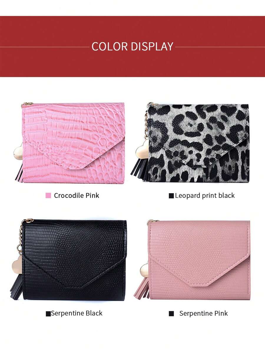 Ví da giả đa năng có tua rua trang trí dễ thương, ví ngắn cho nữ, ví đựng tiền xu, ví đựng thẻ, ví kiểu phong bì cho nữ, ví mini, ví in họa tiết da báo, ví in họa tiết báo đốm, ví nhỏ dễ thương - Nhiều màu - Xem 1