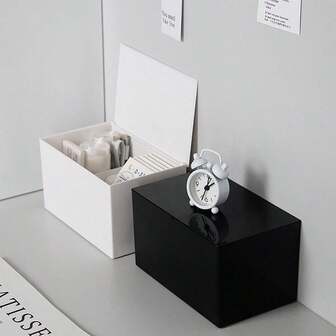 1 pieza Caja de almacenamiento a prueba de polvo de escritorio con tapa abatible, escobilla de limpieza cuadrada, almohadilla de maquillaje, cortaúñas, organizador pequeño de joyas