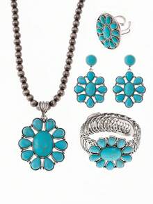 Conjunto de 4 piezas de collar, aretes, anillo y pulsera con estilo bohemio vintage, de aleación de zinc y turquesa en forma de gota de agua y flor, adecuado para atuendos, vacaciones y talla grande