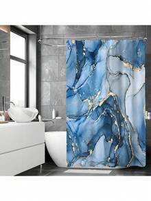 大理石浴帘套装，66x72 英寸，现代抽象布艺浴室浴帘，奢华艺术装饰金墨纹理水彩浴帘套装带挂钩浴室装饰 - 藍色 - 查看 2