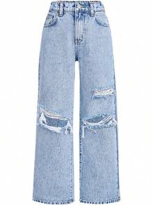 Girls Baggy Wide Leg Ripped Denim Jeans High Waist - Ripped Light Blue-900 - View 2