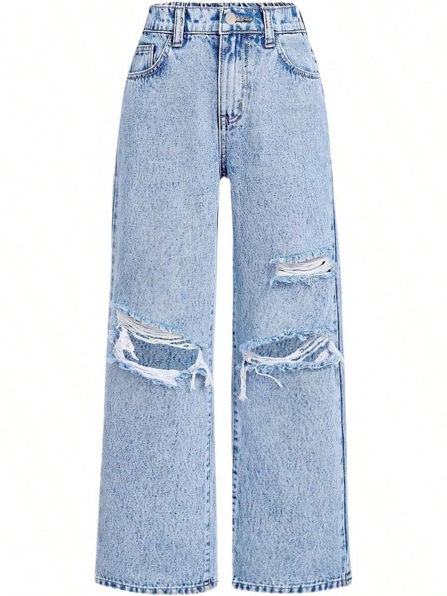 Girls Baggy Wide Leg Ripped Denim Jeans High Waist