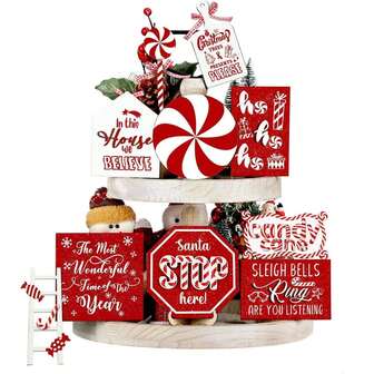 10 Pcs Christmas Tiered Tray Decor Christmas Decorations Snowman Santa Candy Wood Sign Xmas Table Centerpiece Farmhouse Rustic Table Decor For Winter New Year Home Tabletop Home Decor Room Decor