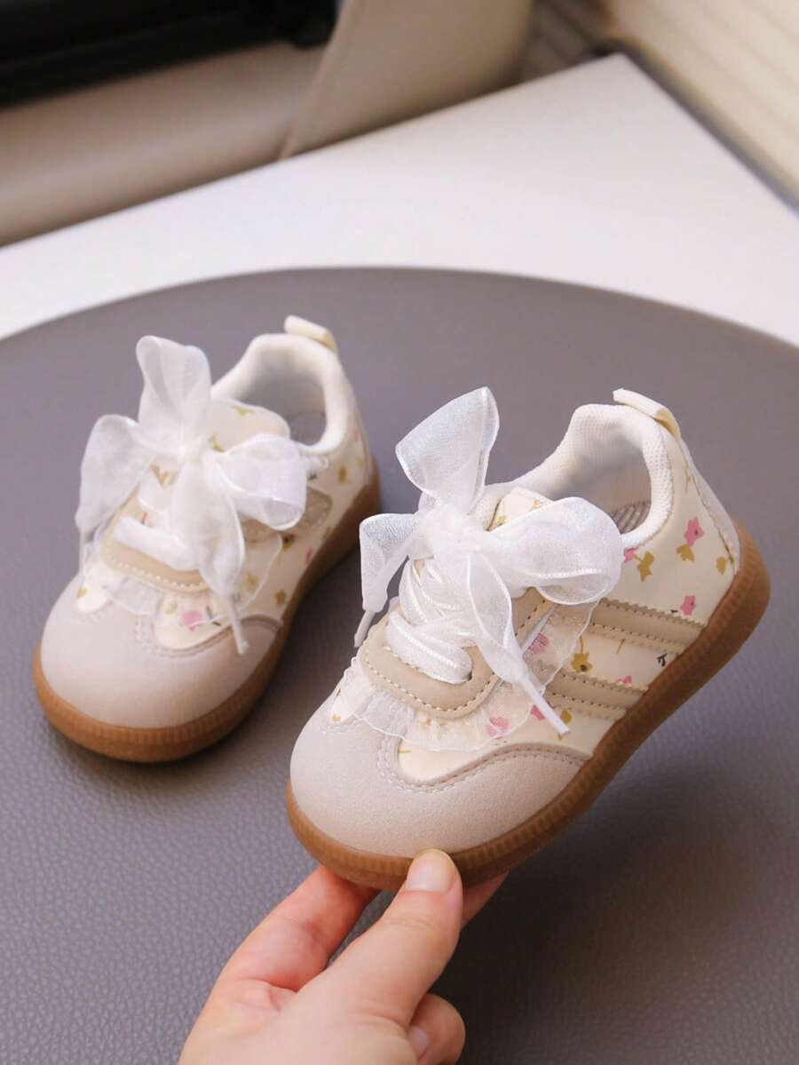 可爱花卉蕾丝儿童鞋,女童运动鞋,幼儿公主步行鞋 - 米色 - 查看 1