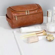 1 pieza Bolsa de aseo de viaje de negocios para hombres, bolsa de almacenamiento de aseo impermeable de cuero, organizador de cosméticos portátil, estuche para kit de afeitado, accesorio de baño colgante, estilo vintage, diseño de lujo, regalo perfecto para novio, esposo, padre, pareja - Marrón - Ver 4