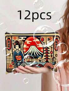 1pc Japanese Traditional Print Makeup Bag Large Capacity Zippered Cosmetic Pouch, Durable Polyester Travel Organizer With Braided Details & Vibrant Geisha, Pagoda, Cherry Blossom Design - Perfect Gift For Women, Pet Lovers, Avocado Fans, Sturdy Zipper Closure,Pouch,Makeup Pouch,Travel Essential - Multicolor - View 8