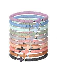 30Pcs Stylish Bohemian Coloured Soft Ceramic Cross Beaded Bracelet Set, Stackable Elastic Stretch Hand String Jewelry - For Men Women Daily Wear And Vacation - Multicolor - View 6