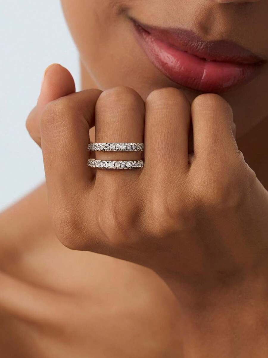 1pc S925 Sterling Silver Double Circle Rhinestone Ring, Elegant Jewelry Gift For Women