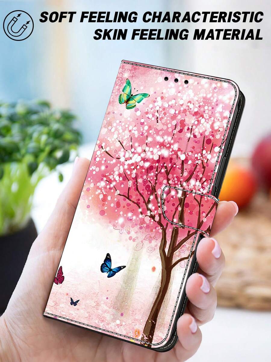 GLANDOTU Funda de cartera de cuero de PU creativa y colorida compatible con Samsung Galaxy y otras marcas, diseño de patrón de mariposa de sakura, bordes plegables dobles, ranuras para tarjetas y bolsillos, incluye cordón, versión internacional, no la versión nacional - Multicolor - Ver 1
