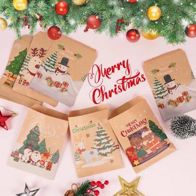 10pcs Christmas Candy Paper Bags, Christmas Tree & Santa Claus Kraft Paper Bags, Holiday Party Snack Gift Packaging Bags Christmas Christmas Decorations Christmas Pajamas Christmas Gifts Christmas Decor