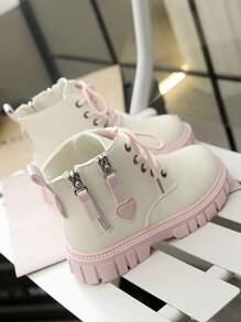 1 Pair White Infant/Toddler Children's Military Boots, Solid Color, Soft Matte Fabric, Inside Zipper, Front Lace-Up Design, Round Toe, Warm, Thick Sole, Wear-Resistant, British Style Classic Short Boots, Suitable For Boys/Girls, Students, Casual, Holiday, Party, Autumn/Winter New