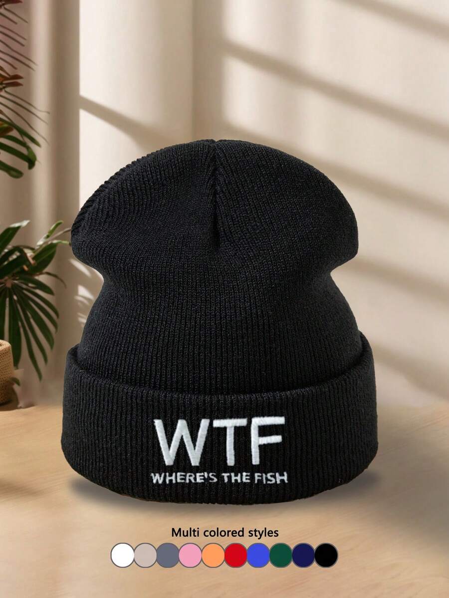 1pc Men's Embroidered Knit Beanie Hat, Stylish & Personalized For Fishing, Skiing, Camping, Elastic Pullover Hat, Autumn/Winter