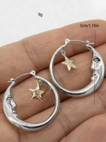 2 件套女士月亮、星星和人体几何镂空耳环，银色金属简约风格，适合派对和节日