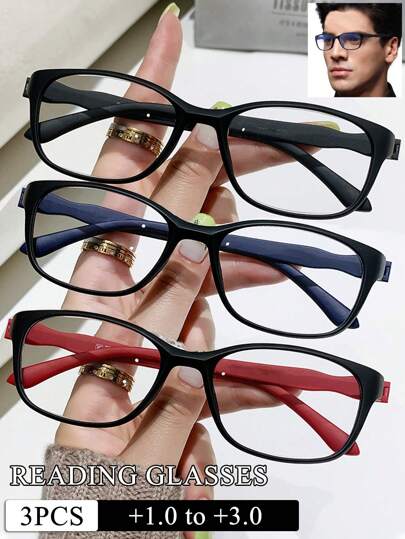 3 Pairs Men's Square Reading Glasses - Rectangular Frame, Ultra-Lightweight PC Material, Blue Light Blocking & Anti-Eye Strain, Vintage Minimalist Design With Clear Lenses & Soft Cloth For Narrow Faces
