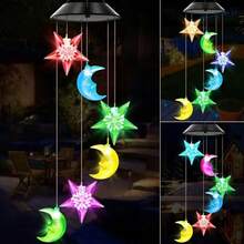 1PC,LED Solar Moon And Sun Wind Chime Lights, Moon And Star Hanging Decorations, Solar Color Changing Wind Chime Lights, Colorful Night Lights, Outdoor Lighting, Suitable For Garden Terrace Courtyard Decoration, Holiday Christmas Decoration Gifts