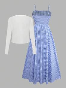 Women's Sleeveless Plaid Print Waist Flare Dress With Knit Cardigan, Bohemian Print Outfit For Date - Blue and White - View 2