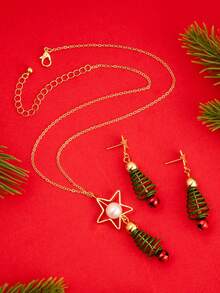 3pcs/Set Christmas Series Geometric Christmas Tree, Bell, Star Earrings & Necklace Jewelry Set, Women's Christmas Gift - Multicolor - View 2