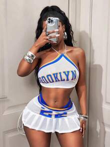 Women's Fashion Personalized Neck-Hanging Sleeveless Strap Top Sexy Waist-Length Printed Skirt Set - trắng - Xem 2