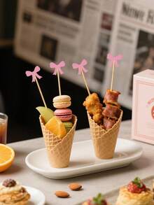 10/100支粉色蝴蝶结牙签，优雅粉色蝴蝶结鸡尾酒签 - 手工天然竹牙签，适合生日派对用品，可用于饮料、开胃菜、烘焙、婚礼甜点、派对、蛋糕和纸杯蛋糕装饰以及派对食品（水果、糖果） - 彩色 - 查看 6