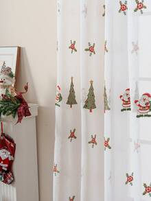 1 perdea brodată cu brad de Crăciun și Moș Crăciun, perdea brodată cu tematică de Crăciun, potrivită pentru petrecerea de Crăciun, decor pentru camera de zi, bucătărie, dormitor - Multicolor - Vizualizare 4