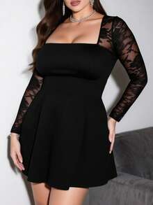 Plus Size Midnight Lace Seduction - Black Square Neck Bodycon Dress For Women Sheer Sleeves Evening Glam, Women's Versatile Lace Dress For Date Nights, Soirées  Lounge Elegance - màu đen - Xem 1