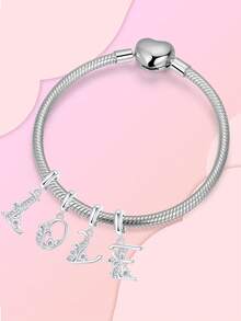 镀银吊坠二十六个字母系列锆石粉色珠子吊坠 A 到 Z 首字母适用于手链 DIY 女士珠宝家庭信件圣诞节生日返校季礼物 - 銀色 - 查看 9