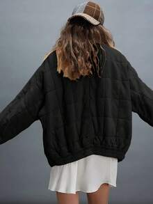 Chaqueta acolchada ligera de mujer para otoño/invierno con cremallera completa, cuello alto, holgada y cálida con bolsillos - Negro - Ver 2