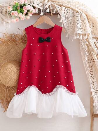 Vestido sin mangas elegante de malla blanca para niñas: tela de satén + malla, diseño sin mangas simple y generoso, parche rojo y blanco exquisito. Usar para fiesta de cumpleaños, celebración, ocasión formal, vestido formal elegante, ropa de calidad para niños, adecuado para todas las estaciones
