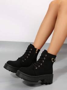 搭配任何牛仔裤，加大码女式系带粗跟踝靴，时尚侧拉链靴，多功能摩托车靴搭配牛仔裤 - 黑色 - 查看 2