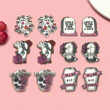 4/12 Pcs Acrylic Double-Sided Printed Ghost Skull Tombstone Charms – Halloween DIY Craft Accessories For Handmade Earrings, Bracelets, Necklaces, Keychains & Bag Decor