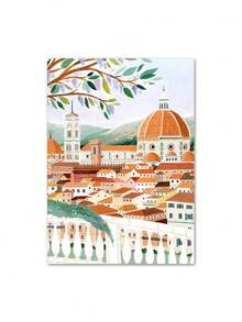 1 pieza Pintura en lienzo de arte de pared con ilustración minimalista abstracta de paisaje, ciudad, viaje y fruta para decoración del hogar y sala de estar