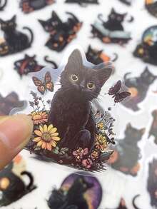 50张万圣节黑猫贴纸防水PET透明贴纸适用于儿童笔记本电脑行李电脑剪贴簿日记本手机装饰贴纸 - 黑色 - 查看 6