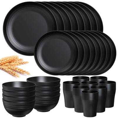 32pcs Dinnerware Sets For 8, Plastic Plates And Bowls, Includes Dinner Plate, Dessert Plate, Cereal Bowl, And Cup, Unbreakable Plastic Cutlery For Outdoor Camping, Black, Suitable For Home Kitchens And Outdoor Camping