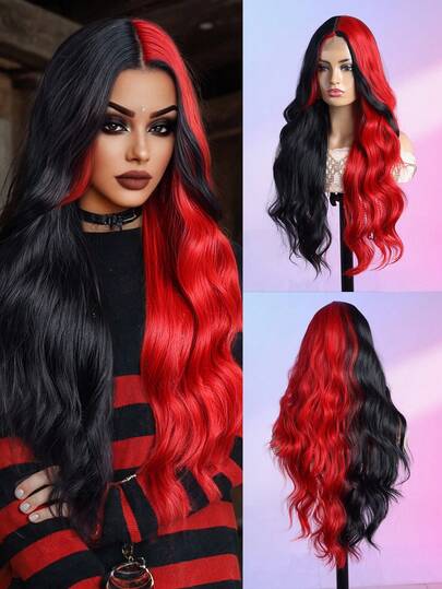 Black And Red/White Color U-Part Lace Wigs 4*2 28 Inch Water Wave Long Wigs Synthetic Fiber Heat-Resistant Wig Halloween,Costume Party Dress Up, FestivalRole-Playing Headband.Trick-Or-Treat Elastic Mesh Cap Suitable For All People Fully Machine Manufactured For Daily Gatherings, High-Quality Women's Natural And Beautiful Synthetic Soft Fake Fiber Hair Christmas