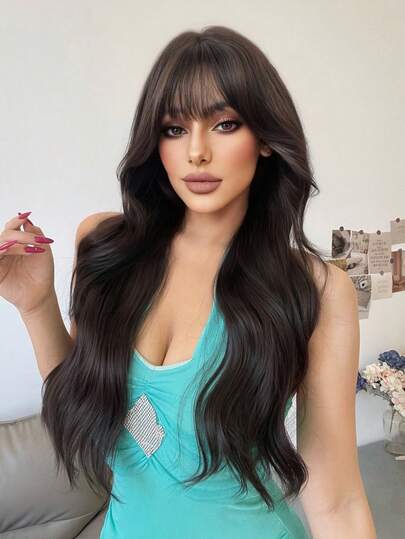 1 合成耐热卷发，带刘海，28 英尺长，黑棕色卷发，由纤维制成，适合日常使用，自然逼真的假发。