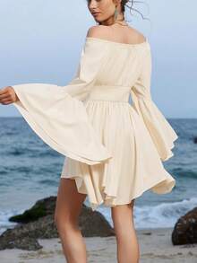 Women Renaissance Costume Dress Off Shoulder Flowy Mini Dress Bell Sleeve Fairies Handkerchief Dresses - 白色 - 查看 2