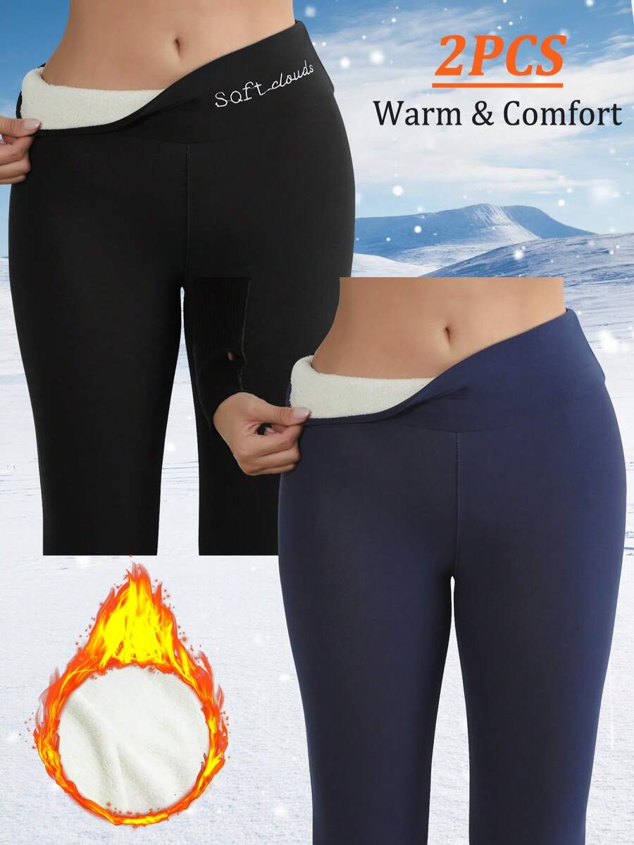 Colanți skinny cu talie înaltă și căptușeală termică pentru femei, 2 buc., de iarnă, casual, pentru exterior, bleumarin și negru, din fleece