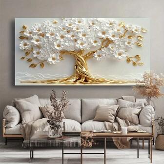 1 pieza Árbol de flores dorado Arte de pared abstracto moderno en lienzo para decoración de sala de estar, dormitorio, oficina y comedor - Estilo vintage y moderno Decoración del hogar Sin marco 50x100cm/19.68x39.37 pulgadas