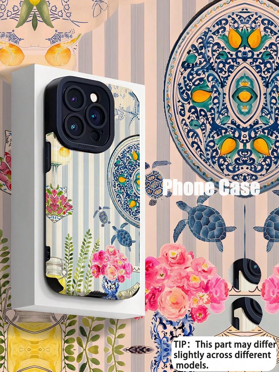 1 件条纹花瓶图案仿皮革纹理防刮防指纹防震手机壳，兼容苹果和三星手机 - 彩色 - 查看 1