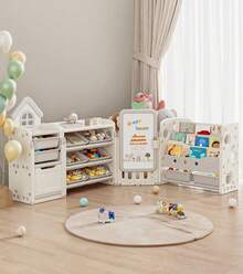 Foldable Kids Toy Storage Organizer With 10 Removable Bins And 3-Tier Bookshelf, 3 In 1 And 4 In 1 Multifunctional Large Toy Organizer With Drawing Board For Kids Bedroom Playroom Living Room - 4 In 1 Off-light Beige - View 2