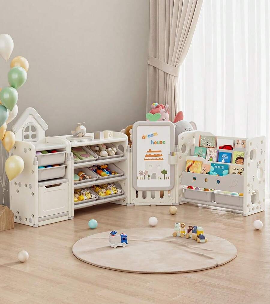 Foldable Kids Toy Storage Organizer With 10 Removable Bins And 3-Tier Bookshelf, 3 In 1 And 4 In 1 Multifunctional Large Toy Organizer With Drawing Board For Kids Bedroom Playroom Living Room