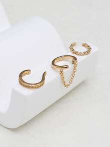 3pcs Shiny Cubic Zirconia Chain Clip-On Earrings Set, Multi-Layer Stacking Earrings Suitable For Women Daily, Date, Party Wear