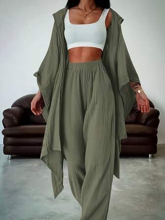 女式优雅纯色蝙蝠袖前开连帽夹克和阔腿裤套装