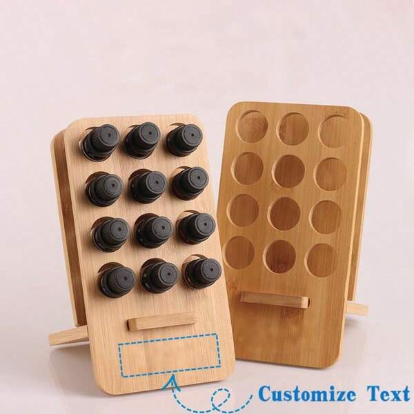 Estante de almacenamiento de bambú personalizado con grabado para 12 ranuras - Soporte de exhibición extraíble para botellas de aceites esenciales de 15ml/30ml, estante de almacenamiento de escritorio